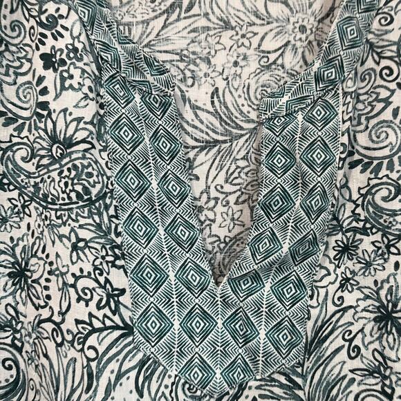 Sigrid Olsen Linen Blouse Size L Teal White Floral Boho Resort Vacation Chic - Picture 7 of 7